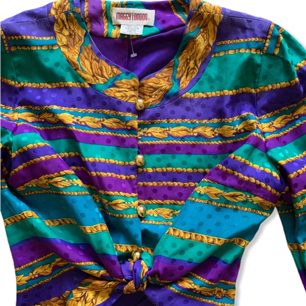 Maggy London Vintage EUC Silk Gold Leaf Chain Print Polka Dots Mardi Gras - Picture 2 of 5